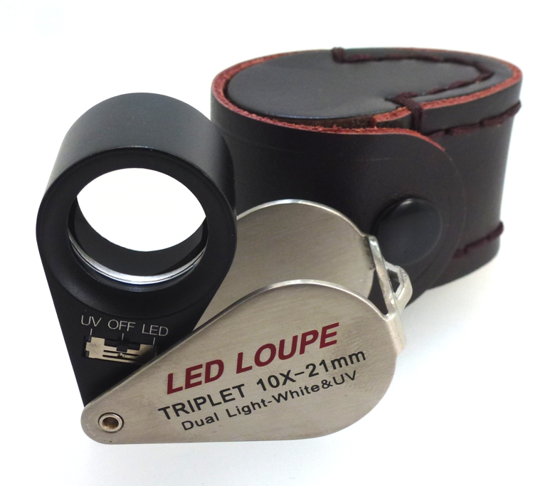 Triplexlupe 10x-21mm Dual Licht  wei & UV Silberfarben mit Led